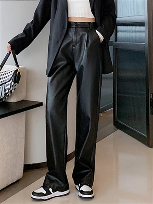 REALEFT fekete műbőr széles szárú nadrág női új, 2023 őszi téli rugalmas derék női bő nadrág Streetwear nadrág