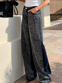 Divat Y2K Patchwork Sparkle flitteres hosszú nadrágok nőknek tél ősz széles szárú farmer nadrág női High Street Party Black farmer