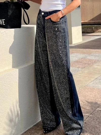 Divat Y2K Patchwork Sparkle flitteres hosszú nadrágok nőknek tél ősz széles szárú farmer nadrág női High Street Party Black farmer