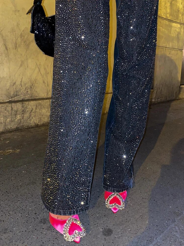 Divat Y2K Patchwork Sparkle flitteres hosszú nadrágok nőknek tél ősz széles szárú farmer nadrág női High Street Party Black farmer