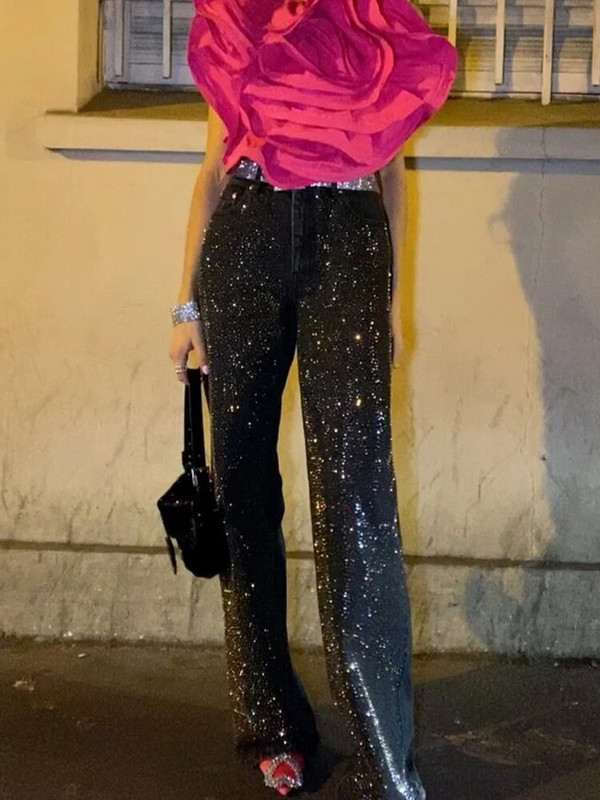 Divat Y2K Patchwork Sparkle flitteres hosszú nadrágok nőknek tél ősz széles szárú farmer nadrág női High Street Party Black farmer