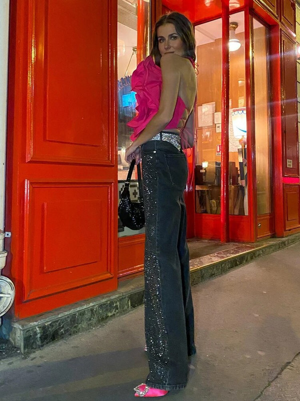 Divat Y2K Patchwork Sparkle flitteres hosszú nadrágok nőknek tél ősz széles szárú farmer nadrág női High Street Party Black farmer