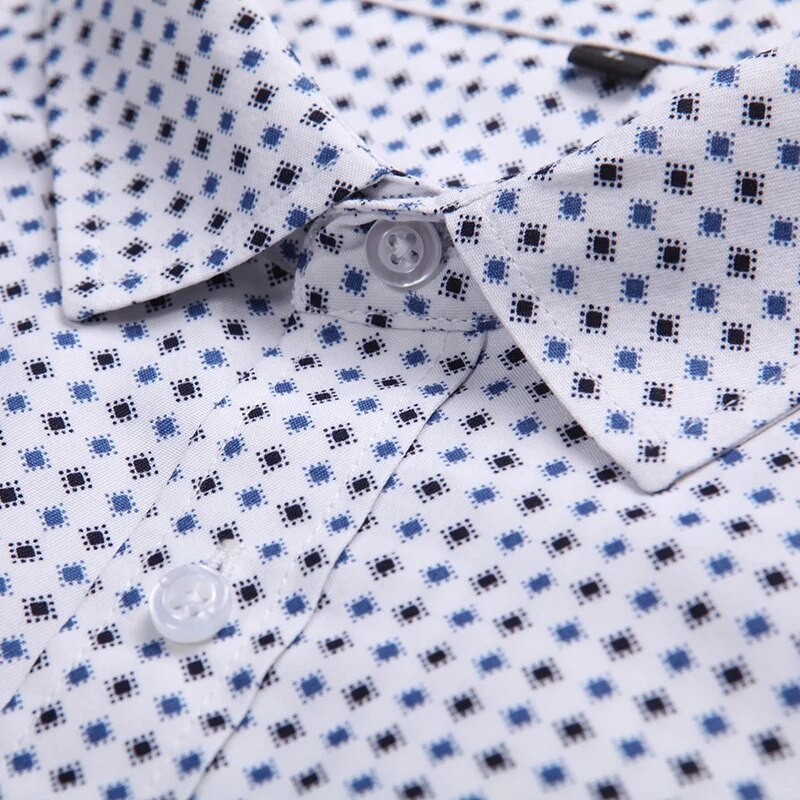 Balts, kvadrātveida apkakles krekls ar garām piedurknēm vīriešiem pavasara un rudens sezonai ar ģeometrisku rakstu ar apdruku M-7XL