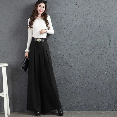 Őszi téli gyapjúkeverék Culotte Elegáns, magas derekú, széles szárú nadrág Női táskás koreai divat Pantalones Oversize övnadrág