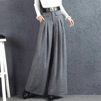 Őszi téli gyapjúkeverék Culotte Elegáns, magas derekú, széles szárú nadrág Női táskás koreai divat Pantalones Oversize övnadrág