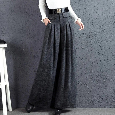 Őszi téli gyapjúkeverék Culotte Elegáns, magas derekú, széles szárú nadrág Női táskás koreai divat Pantalones Oversize övnadrág