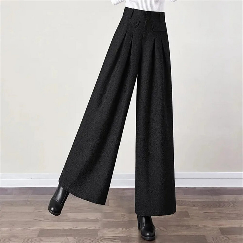 Őszi téli gyapjúkeverék Culotte Elegáns, magas derekú, széles szárú nadrág Női táskás koreai divat Pantalones Oversize övnadrág