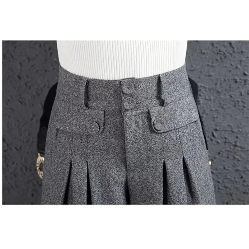 Őszi téli gyapjúkeverék Culotte Elegáns, magas derekú, széles szárú nadrág Női táskás koreai divat Pantalones Oversize övnadrág