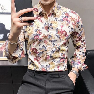 Vienrindas krekls ar garām piedurknēm ar apdruku Vīriešu modes plāni kokvilnas krekli Hawaiian Beach Man Top Camisa liela izmēra S-5XL Chemise