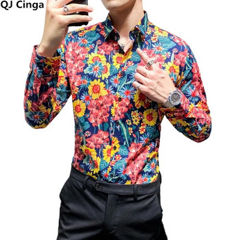Μονό στήθος Μακρυμάνικο εμπριμέ πουκάμισο Ανδρικό Μόδα Λεπτό Βαμβακερό Πουκάμισο Hawaiian Beach Man Top Camisa μεγάλο μέγεθος S-5XL Chemise
