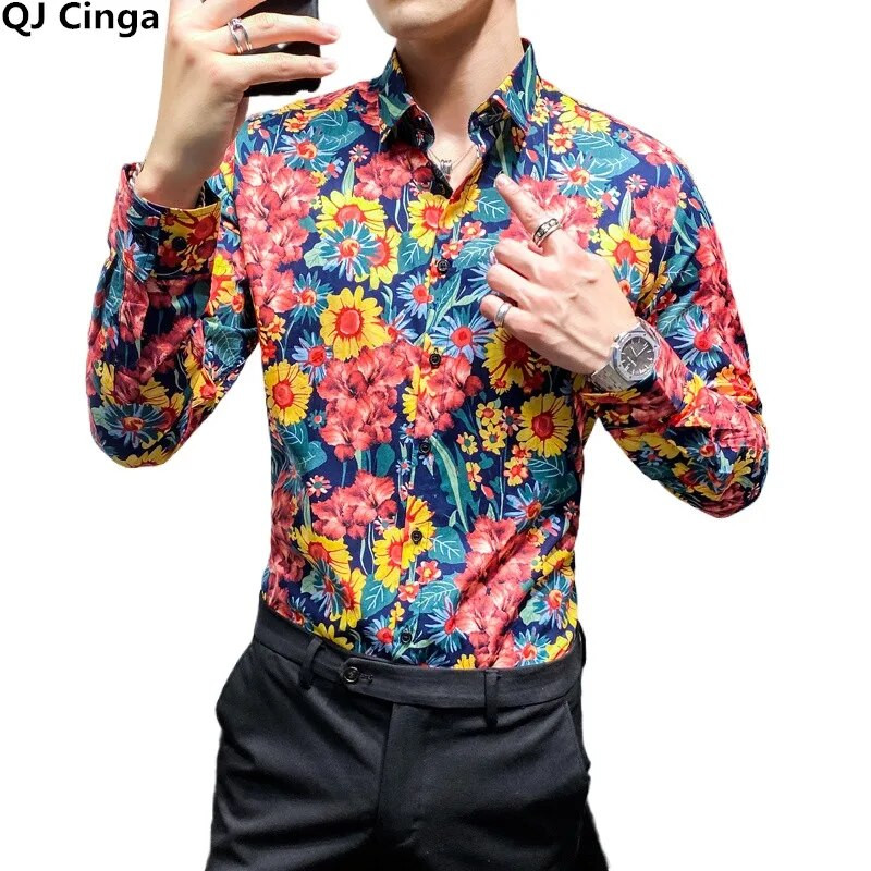Vienrindas krekls ar garām piedurknēm ar apdruku Vīriešu modes plāni kokvilnas krekli Hawaiian Beach Man Top Camisa liela izmēra S-5XL Chemise
