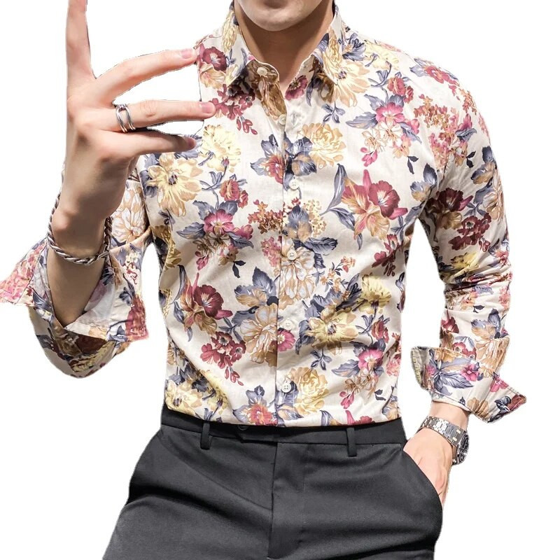 Vienrindas krekls ar garām piedurknēm ar apdruku Vīriešu modes plāni kokvilnas krekli Hawaiian Beach Man Top Camisa liela izmēra S-5XL Chemise