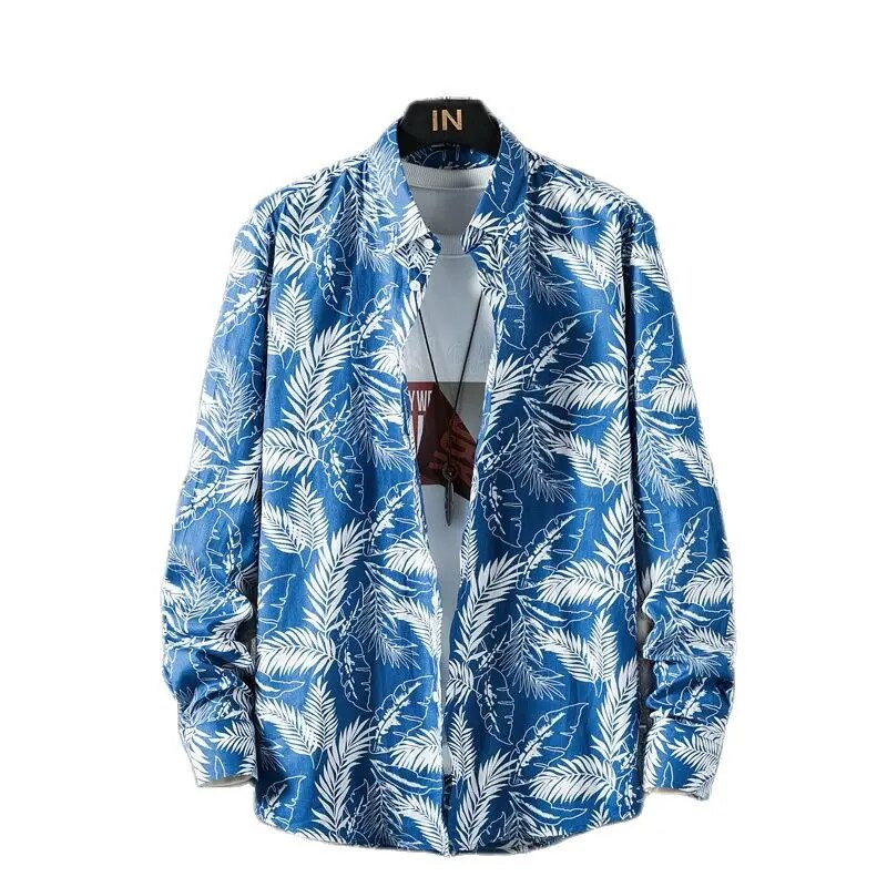 Vienrindas krekls ar garām piedurknēm ar apdruku Vīriešu modes plāni kokvilnas krekli Hawaiian Beach Man Top Camisa liela izmēra S-5XL Chemise