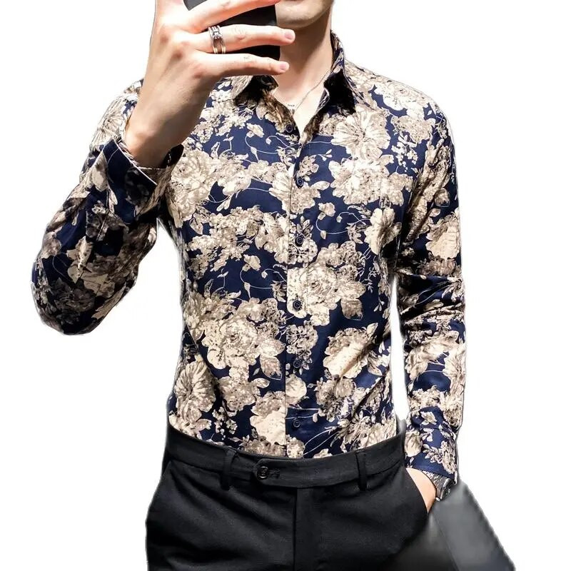 Vienrindas krekls ar garām piedurknēm ar apdruku Vīriešu modes plāni kokvilnas krekli Hawaiian Beach Man Top Camisa liela izmēra S-5XL Chemise