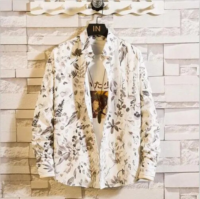 Rudens jauns krekls ar garām piedurknēm ar apdruku Vīriešu modes ikdienišķa kokvilnas krekli ar vienrindu atloku vīriešu augšdaļa