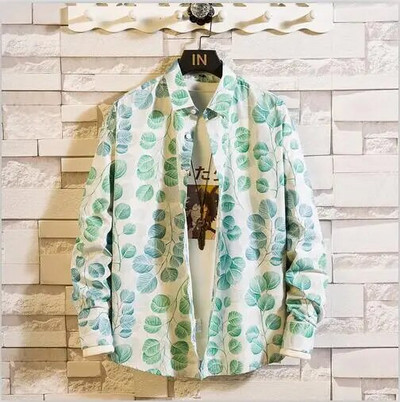 Rudens jauns krekls ar garām piedurknēm ar apdruku Vīriešu modes ikdienišķa kokvilnas krekli ar vienrindu atloku vīriešu augšdaļa