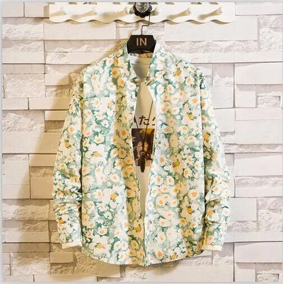 Rudens jauns krekls ar garām piedurknēm ar apdruku Vīriešu modes ikdienišķa kokvilnas krekli ar vienrindu atloku vīriešu augšdaļa