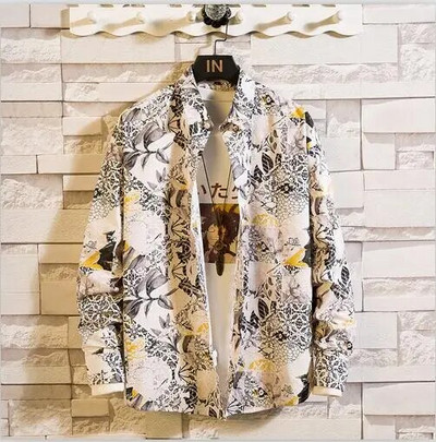 Rudens jauns krekls ar garām piedurknēm ar apdruku Vīriešu modes ikdienišķa kokvilnas krekli ar vienrindu atloku vīriešu augšdaļa