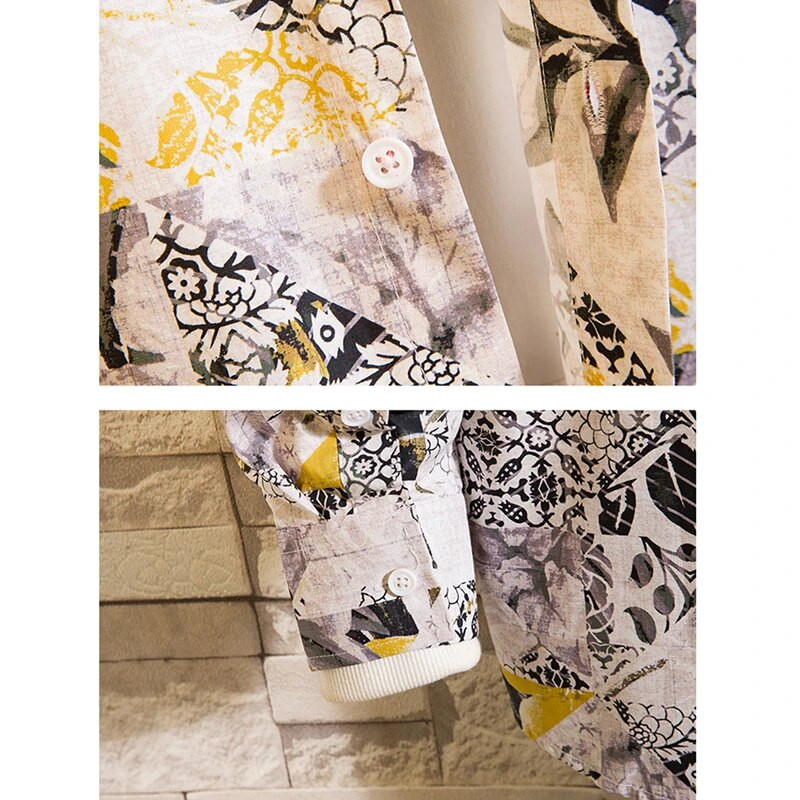 Rudens jauns krekls ar garām piedurknēm ar apdruku Vīriešu modes ikdienišķa kokvilnas krekli ar vienrindu atloku vīriešu augšdaļa