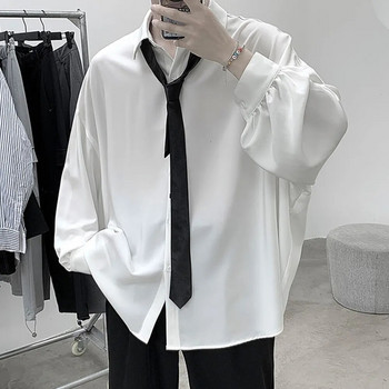 Δωρεάν Μαύρη γραβάτα μακρυμάνικα πουκάμισα Ανδρικά κορεάτικα άνετες μπλούζες Casual Loose μονό στήθος Ανδρικό μπλουζάκι Harajuku