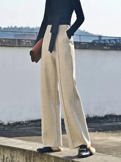 Ziemas biezas sieviešu vilnas bikses 2023. gada silts rudens, elegantas biroja bikses ar augstu vidukli, mīkstas, brīvas, platas sieviešu bikses sievietēm