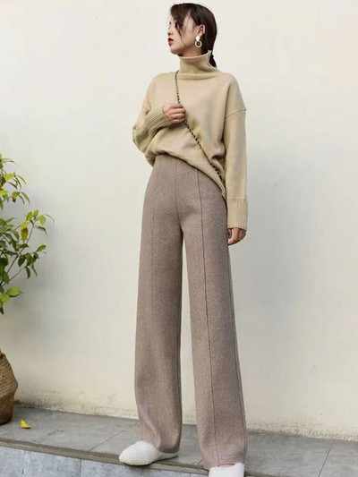 Ziemas biezas sieviešu vilnas bikses 2023. gada silts rudens, elegantas biroja bikses ar augstu vidukli, mīkstas, brīvas, platas sieviešu bikses sievietēm