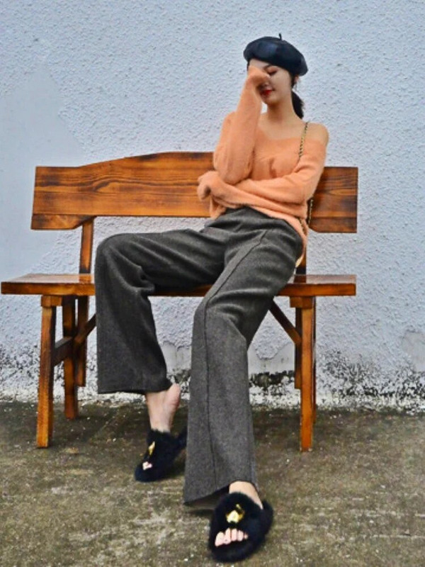 Ziemas biezas sieviešu vilnas bikses 2023. gada silts rudens, elegantas biroja bikses ar augstu vidukli, mīkstas, brīvas, platas sieviešu bikses sievietēm