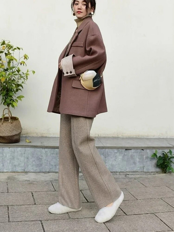 Ziemas biezas sieviešu vilnas bikses 2023. gada silts rudens, elegantas biroja bikses ar augstu vidukli, mīkstas, brīvas, platas sieviešu bikses sievietēm