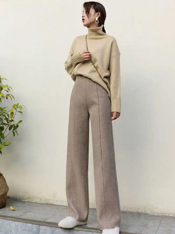 Ziemas biezas sieviešu vilnas bikses 2023. gada silts rudens, elegantas biroja bikses ar augstu vidukli, mīkstas, brīvas, platas sieviešu bikses sievietēm