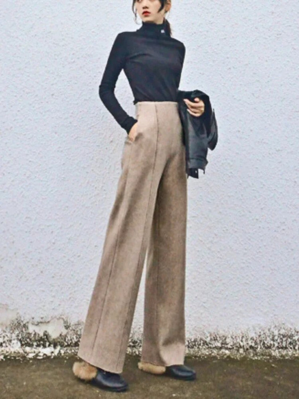 Ziemas biezas sieviešu vilnas bikses 2023. gada silts rudens, elegantas biroja bikses ar augstu vidukli, mīkstas, brīvas, platas sieviešu bikses sievietēm