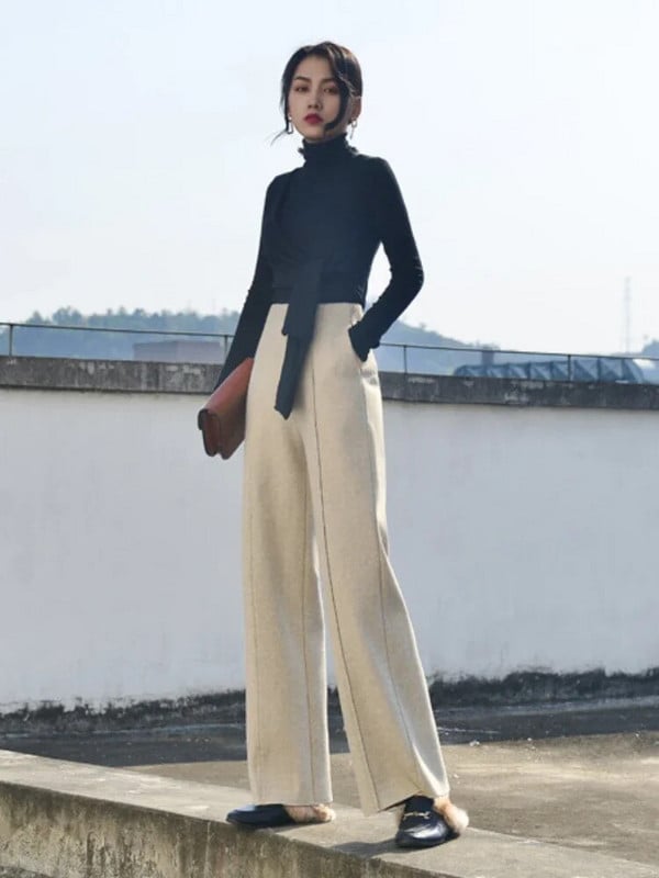 Ziemas biezas sieviešu vilnas bikses 2023. gada silts rudens, elegantas biroja bikses ar augstu vidukli, mīkstas, brīvas, platas sieviešu bikses sievietēm