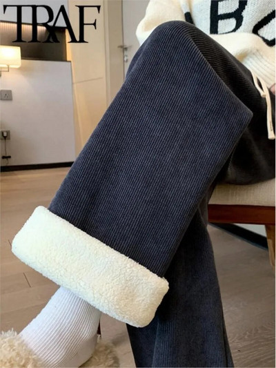 TRAF FANS 2023 Sieviešu modes jēra plīša bikses ar augstu vidukli, drapēts, brīvs plīša īpaši biezas kokvilnas apakšas rudens ziema