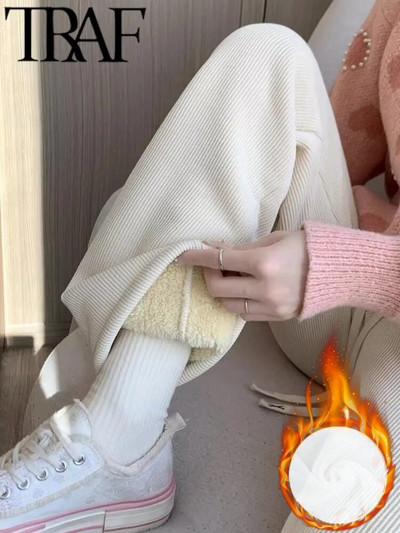 TRAF FANS 2023 Sieviešu modes jēra plīša bikses ar augstu vidukli, drapēts, brīvs plīša īpaši biezas kokvilnas apakšas rudens ziema