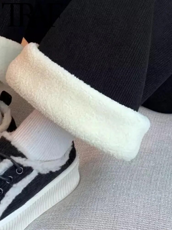 TRAF FANS 2023 Sieviešu modes jēra plīša bikses ar augstu vidukli, drapēts, brīvs plīša īpaši biezas kokvilnas apakšas rudens ziema