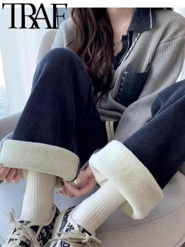 TRAF FANS 2023 Sieviešu modes jēra plīša bikses ar augstu vidukli, drapēts, brīvs plīša īpaši biezas kokvilnas apakšas rudens ziema