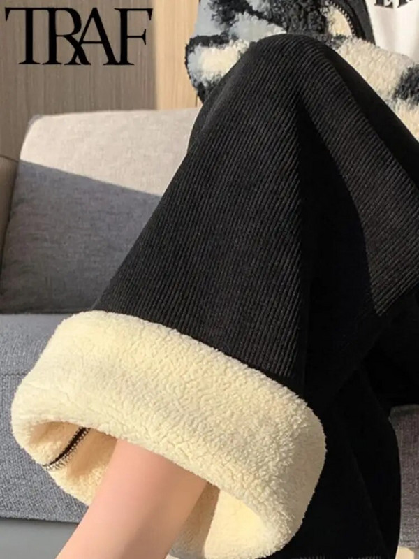 TRAF FANS 2023 Sieviešu modes jēra plīša bikses ar augstu vidukli, drapēts, brīvs plīša īpaši biezas kokvilnas apakšas rudens ziema