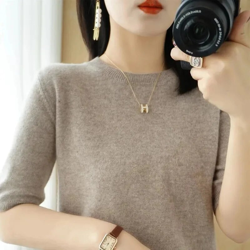 Pavasaris Vasara Sieviešu Džemperi Īsām piedurknēm O veida kakla apakšas krekls Trikotāžas izstrādājumi 2024 Kamieļzaļa Rozā Puloveri Korejas džemperi