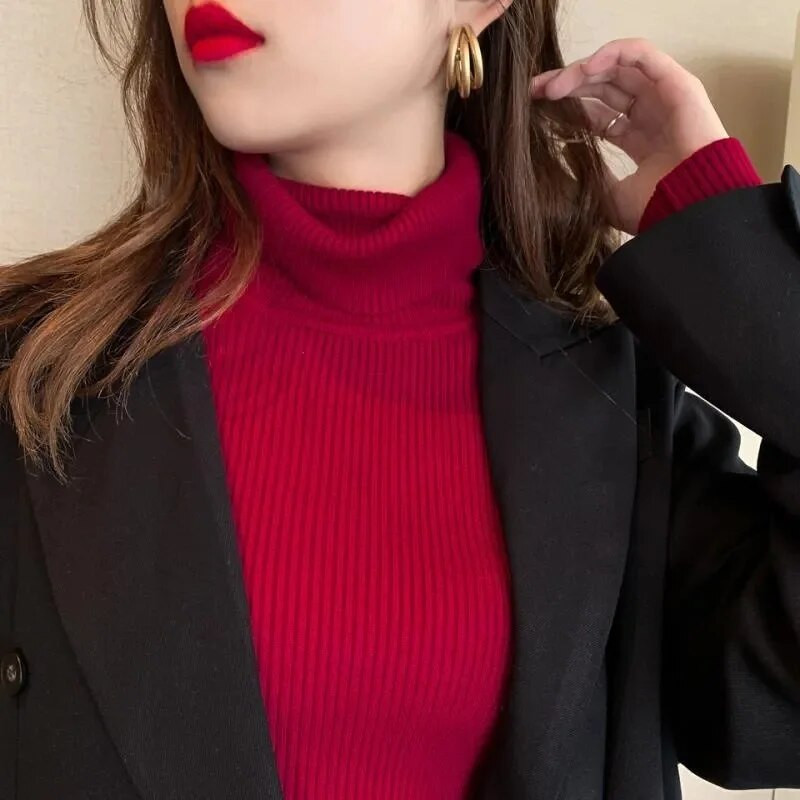 2024-es őszi téli vastag pulóver, női kötött, bordás pulóver, hosszú ujjú garbós karcsú pulóver puha, melegen húzható női pulóver