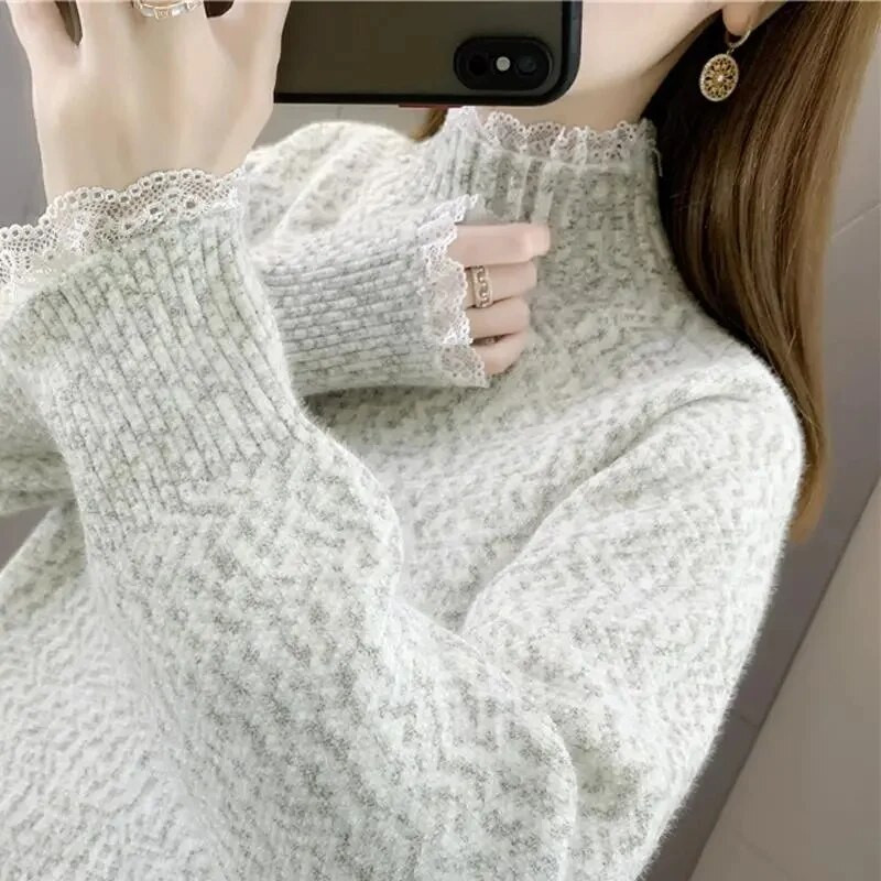 Sieviešu 2023. gada rudens ziemas džemperis ar šauru apkakli, sieviešu dzimumloceklis, Pull Hiver ar garām piedurknēm, adīts Canale