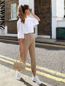 XNWMNZ Pavasara rudens bikšu kostīmi Bikses ar augstu vidukli Sievietēm Mode Biroja smilškrāsas bikses Eleganta poga Rāvējslēdzējs Eleganta ikdienas sieviešu bikses