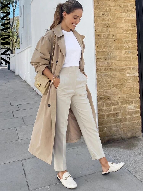 XNWMNZ Pavasara rudens bikšu kostīmi Bikses ar augstu vidukli Sievietēm Mode Biroja smilškrāsas bikses Eleganta poga Rāvējslēdzējs Eleganta ikdienas sieviešu bikses