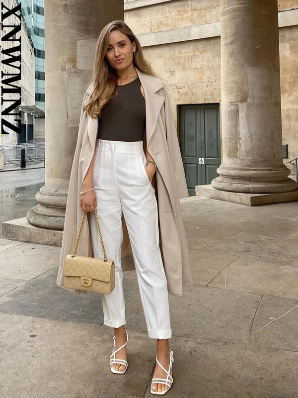 XNWMNZ Pavasara rudens bikšu kostīmi Bikses ar augstu vidukli Sievietēm Mode Biroja smilškrāsas bikses Eleganta poga Rāvējslēdzējs Eleganta ikdienas sieviešu bikses