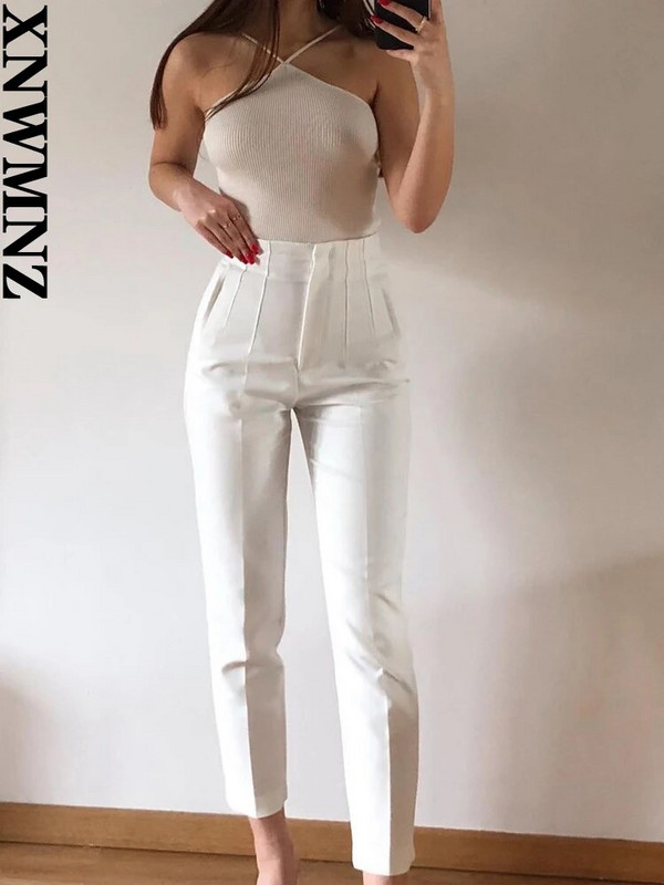 XNWMNZ Pavasara rudens bikšu kostīmi Bikses ar augstu vidukli Sievietēm Mode Biroja smilškrāsas bikses Eleganta poga Rāvējslēdzējs Eleganta ikdienas sieviešu bikses