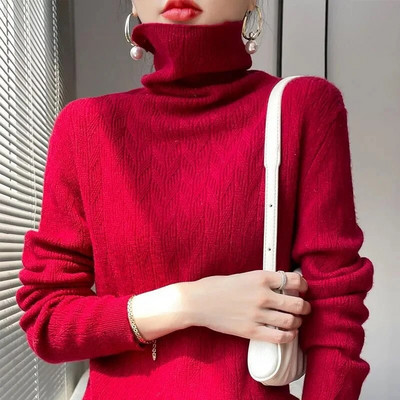 100% tīras vilnas sieviešu džemperis ar garām piedurknēm, džemperis ar augstu kakla izgriezumu, 2023. gada jauns, silts, mīksts korejiešu stila tops