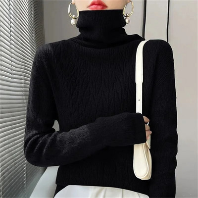 100% tīras vilnas sieviešu džemperis ar garām piedurknēm, džemperis ar augstu kakla izgriezumu, 2023. gada jauns, silts, mīksts korejiešu stila tops
