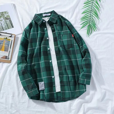Harajuku Plaid Krekli Vīriešu Vasaras Augstas Kvalitātes Ikdienas Vīriešu Lielizmēra Brīvi Retro krekli ar garām piedurknēm 12 krāsas NS5588