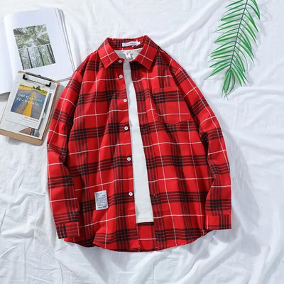 Harajuku Plaid Krekli Vīriešu Vasaras Augstas Kvalitātes Ikdienas Vīriešu Lielizmēra Brīvi Retro krekli ar garām piedurknēm 12 krāsas NS5588