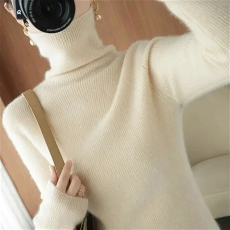 Sieviešu džemperis ar bruņurupuču apkakli rudens ziemas džemperis Vienkāršs ikdienas, plāns, elastīgs, rievotas trikotāžas sieviešu džemperis