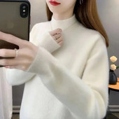 23 Rudens Ziemas Jauns Sieviešu Pulovers Džemperis Biezs Silts Modes Trikotāžas Mīkstas Džemperi Ikdienas džemperis ar brīvu apkakli