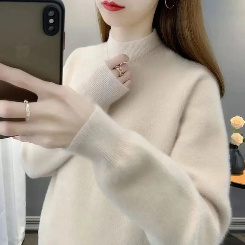 23 Rudens Ziemas Jauns Sieviešu Pulovers Džemperis Biezs Silts Modes Trikotāžas Mīkstas Džemperi Ikdienas džemperis ar brīvu apkakli
